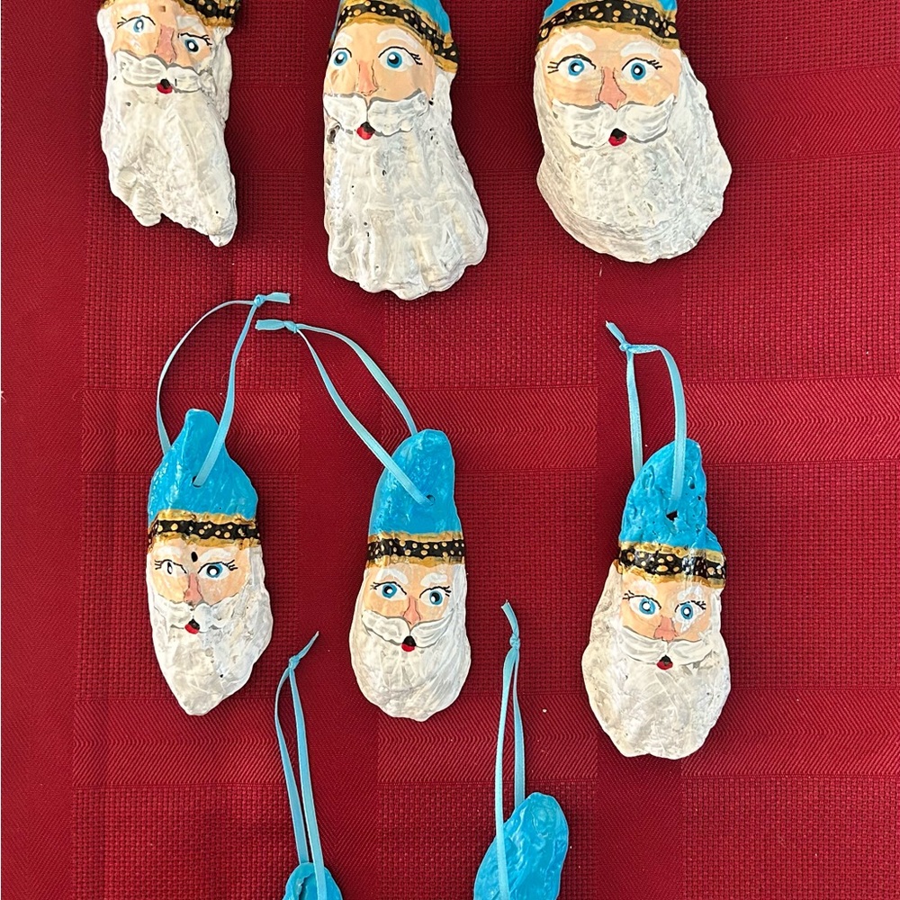 Hand Crafted Blue and White Santa Oyster Shell Ornaments Set # 1